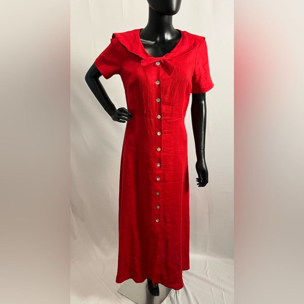 Red Linen Dress With Mother of Pearl Buttons